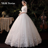 runhufu Sweetheart Three Quarter Elegant Wedding Dress With Sleeve Long Lace Embroidery Train Bridal Gown Plus Size Vestido De Noiva