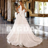 Runhufu Wedding Dresses Women V-Neck Pleat Open Back Bow Satin Spaghetti Straps Bridal Ball Gowns Sweep Train Vestidos De Noiva