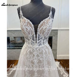 runhufu Spaghetti Straps A Line Tulle Wedding Dress For Women 2023 Sexy Bridal Boho Beach Wedding Gowns Lace Backless