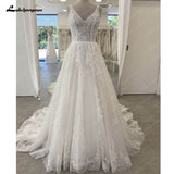 runhufu Boho Wedding Dress V Neck Lace Beaded 2023 Robe Femme Sexy Bridal A Line Tulle Wedding Gowns for Women Court Train