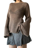 Runhufu Tie Back Sweaters Women Long Sleeve Boat Neck Solid Color Knitted Pullover Casual Crochet Tops 2023 Fall New