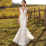 Runhufu New Sexy V-Neck Tulle Lace Bride Mermaid Wedding Dress Appliques Backless Sleeveless Customized Button Boho Sweep Train