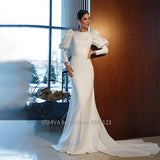 Runhufu O-Neck Satin Mermaid Wedding Dresses Puff Sleeve Sweep Train Bridal Gown Robe de mariée