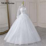 runhufu Video Cheap Luxury Pearls Ball Gowns O-Neck Off White Tulle Bridal Dress For Wedding Dresses with Sleeve Plus Size Custome