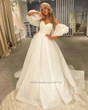 Runhufu Sweetheart Wedding Dresses Off the Shoulder Long Puff Sleeves Sweep Train Bridal Gowns Vestido Novia