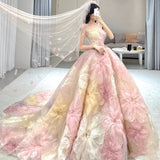 runhufu Spring New Simple Stamped Wedding Dress Strapless Colorful Flower Bridal Dress Sweep Tail Party Prom Dress Vestido De Noiva