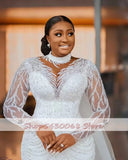 Runhufu Plus Size Arabic Sheer Neck Mermaid Wedding Dresses Sexy Long Sleeves Lace Beaded Bridal Gowns Vestidos De Novia