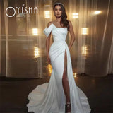 Runhufu Satin White Mermaid Wedding Dresses 2023 Thigh High Slits Bridal Gown One Shoulder Pearls Garden Robe de soiree de marige