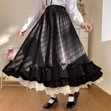 Runhufu Solid Color Double Layer Vintage French Ruffled A-line Skirt Hepburn Style Black White Half Skirt Female Long Skirts
