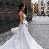 Runhufu V-Neck Lace Sleeveless Wedding Gowns Sexy Spaghetti Straps Appliques Backless Bride Dress For Bridal Vestido De Novia 2023