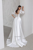 Runhufu Boat Neckline Satin Wedding Dress Puff Sleeve Princess A-Line Bridal Gowns Robe de mariage