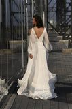 Runhufu V-Neck Beach Wedding Dress Lace Appliqued Hight Split Long Sleeves Satin Chiffon Bridal Gown Robe De Mariee