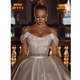 Runhufu A-Line Sexy Off Shoulder Wedding Dresses Shiny Bohemia Women's Tulle Princess Satin Bridal Gowns Robe De Mariée Vestido فست