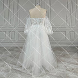 Runhufu Flowers Sweetheart Luxury Wedding Dress Long Puffy Sleeves A Line Custom Made Tulle 3D Lace Romantic Bridal Gowns