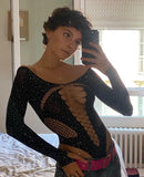 Runhufu Women’s Off Shoulder Bodysuit Shiny Rhinestone Long Sleeve Hollow Out Slim Fit Leotard Tops