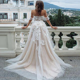 Runhufu Wedding Dress Lace Appliques Tulle Backless Beach Floor-length Wedding Party Gowns Off Shoulder Princess Vestido De Novia