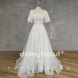 Runhufu Real Picture Princess Square-Neck Puff Sleeves Appliques Tulle A-Line Wedding Dress Backless Sweep Train Bridal Gown