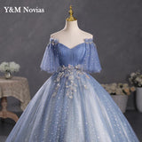 runhufu New Gray Blue Quinceanera Dresses Plus Size Ball Gowns With Sleeves Puffy Dresses For Prom Sweet 16 Dress Vestido De 15anos