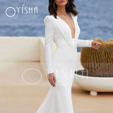Runhufu White Wedding Dresses Mermaid Long Sleeves Sexy Deep V-Neck Satin Backless Buttons 2023 Elegant Bride Gown Robe De Mariée