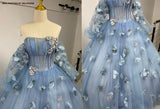 runhufu Maria Novia Blue Grey Quinceanera Dresses Long Sleeve Flower Long Sleeve Ball Gown Prom Dress Vestidos De 15 Anos