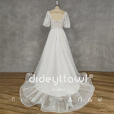 Runhufu Real Picture Princess Square-Neck Puff Sleeves Appliques Tulle A-Line Wedding Dress Backless Sweep Train Bridal Gown