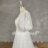 Runhufu Real Picture Princess Square-Neck Puff Sleeves Appliques Tulle A-Line Wedding Dress Backless Sweep Train Bridal Gown