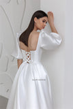 Runhufu Boat Neckline Satin Wedding Dress Puff Sleeve Princess A-Line Bridal Gowns Robe de mariage