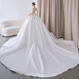 runhufu New Satin Wedding Dresses Full Sleeve V-neck Sweep Train Lace Up Ball Gown Wedding Dresses Sexy Backless Vestido De Noiva