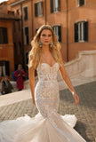 Runhufu Sweetheart Neck Mermaid Wedding Dresses Sleeveless Lace Appliques Sweep Train Bridal Gowns Vestidos De Noiva