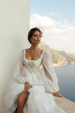 Runhufu Strapless A-Line Wedding Dresses Long Puff Sleeves Beading Lace Appliques Princess Bridal Gowns