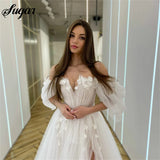 Runhufu Dresses Fairy Sweetheart Neck Boho Bride Dresses 3D Flowers Puff Sleeve Elegant Wedding Gowns suknia ślubna Bridal Gown