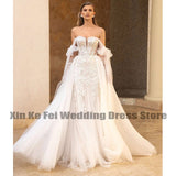 Runhufu Women Sweetheart Wedding Dresses Mermaid Sleeveless Lace Applique Bridal Gowns Bohemian Princess Formal Beach Party Vestido