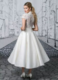Runhufu Appliques Short Wedding Dresses For Women 2023 A-Line Satin Tea-Length Cap Sleeve V-Neck Button Civil Vintage Bridal Gown