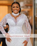 Runhufu Plus Size Arabic Sheer Neck Mermaid Wedding Dresses Sexy Long Sleeves Lace Beaded Bridal Gowns Vestidos De Novia