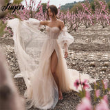 Runhufu Pink Boho Wedding Dress Detachable Puff Sleeve Bridal Dresses Sparky Pleat Side Split Wedding Gowns Beach Sweetheart vesti