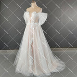 Runhufu High Split A Line Appliques Wedding Dress Lace Up Off Shoulder Real Photos Crisscross Rustic Maxi Bridal Gowns