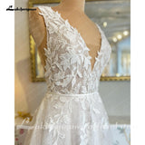 runhufu V Neck Lace Appliques Boho A Line Wedding Dress with Court Train Wedding Gowns for Bride robe de mariage