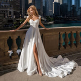 Runhufu Cap Sleeve Slit Wedding Dress For Bride Satin Sweep Train Simple Bridal Party Gown Robe De Mariée Elegant Custom Made