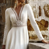 Runhufu Simple Satin Bridal Gowns Deep V-Neck Long Sleeves Wedding Dresses For Women 2023 Lace Appliques A-Line vestidos de noiva