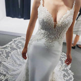 Runhufu Beads Mermaid Wedding Dress V-Neck 2023 Sexy Spaghetti Straps Bride Dress Backles Tulle Long Train Vestido De Novia