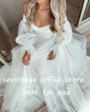 runhufu Modern Tulle Wedding Dresses Sweetheart Puff Sleeves A-Line Pleat Boho Wedding Gown Country Bridal Gown Plus Size 2023