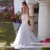 Runhufu Lace Appliques Mermaid Spaghetti Straps Wedding Dress Button Back Sweep Train Bridal Gown Vestido De Novia Custom Made