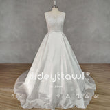 Runhufu Real Picture O-Neck A-Line Appliques Sleeveless Satin Wedding Dress Lace Up Back Court Train Bridal Gown Custom Made