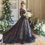 Runhufu Black Gothic Appliqued Wedding Dress Drop Ship Plus Size Open Back Custom Made Tulle Puffy Princess Lace Bridal Ball Gown