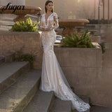 Runhufu Appliques Wedding Gown Sequins Mermaid Wedding Dress V-Neck Long Sleeve Backles Sweep Train Bride Gown Vestidos De Noiva