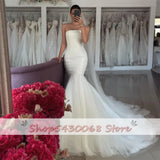 Runhufu Tulle Mermaid Wedding Dresses Off Shoulder Backless Solid Bridal Gowns Strapless Princess Bride Dress Custom Color