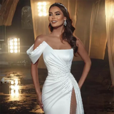 Runhufu Satin White Mermaid Wedding Dresses 2023 Thigh High Slits Bridal Gown One Shoulder Pearls Garden Robe de soiree de marige