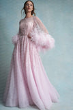 Runhufu A-line Women Clothing Pink Long Sleeve Evening Dresses For Women With Feathers Floor Length Prom Gown Sequins Gowns