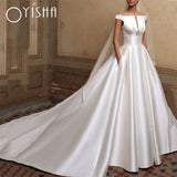 Runhufu White Elegant Satin Wedding Dresses Sweep Train A-Line Off Shoulder Satin With Crystal Brooch 2023 Bridal Gowns Vestido