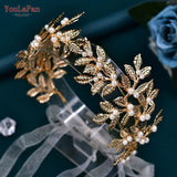 Runhufu Alloy Leaf Tiara for Woman Pearls Bridal Headband Wedding Hair Accessories Handmade Girl Headpiece with Organza HP353